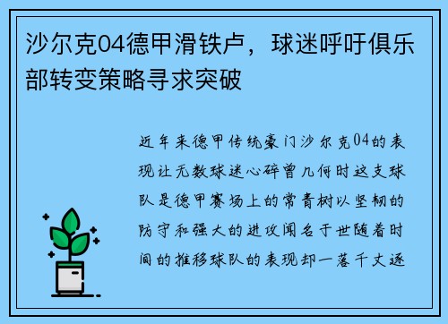 沙尔克04德甲滑铁卢，球迷呼吁俱乐部转变策略寻求突破